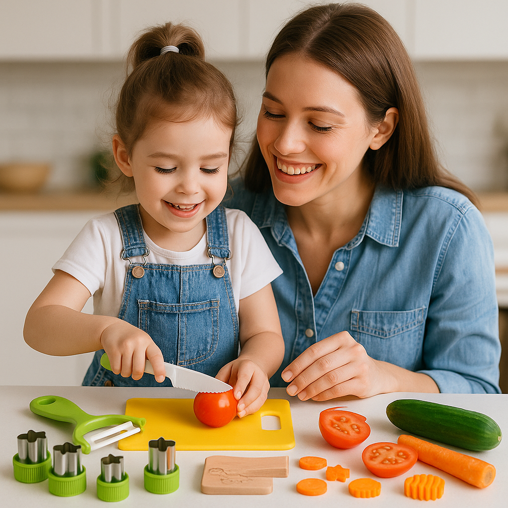 "Sicheres Kinderkochset Bild: Ergonomische farbige Küchenwerkzeuge für Kinder, ideal für spielerisches und sicheres Kochen."