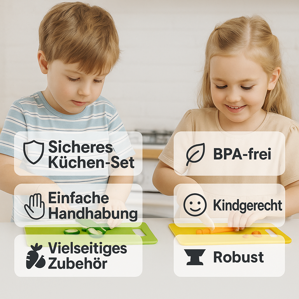"Sicheres Kinderkochset Bild: Ergonomische farbige Küchenwerkzeuge für Kinder, ideal für spielerisches und sicheres Kochen."