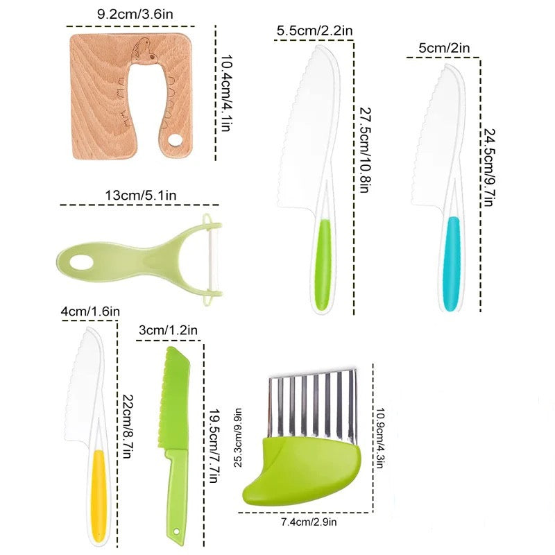 "Sicheres Kinderkochset Bild: Ergonomische farbige Küchenwerkzeuge für Kinder, ideal für spielerisches und sicheres Kochen."