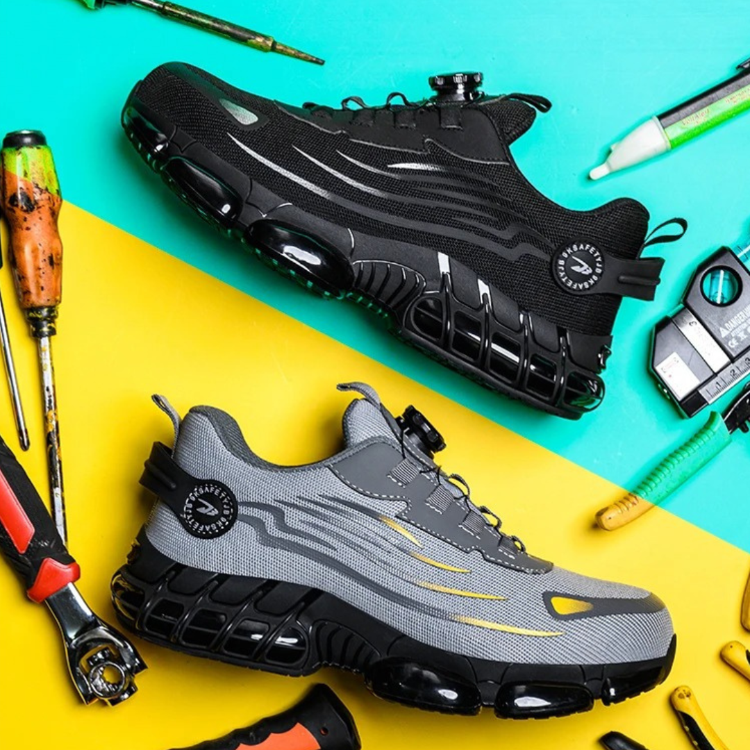 "Sicherheitsschuhe seitlich mit Stahlkappe und rutschfester Sohle, ideal für Arbeit und Freizeit, modernes Design"