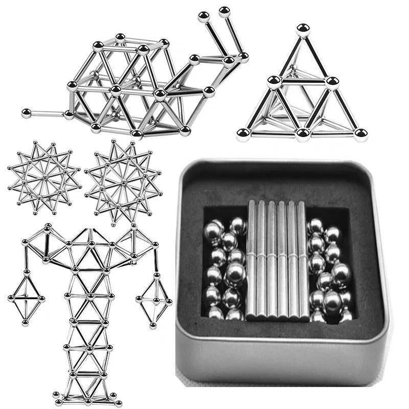 "Silberne magnetische Kugeln und Stäbe Set für kreatives Design und Stressabbau, ideal zur Förderung von Konzentration."