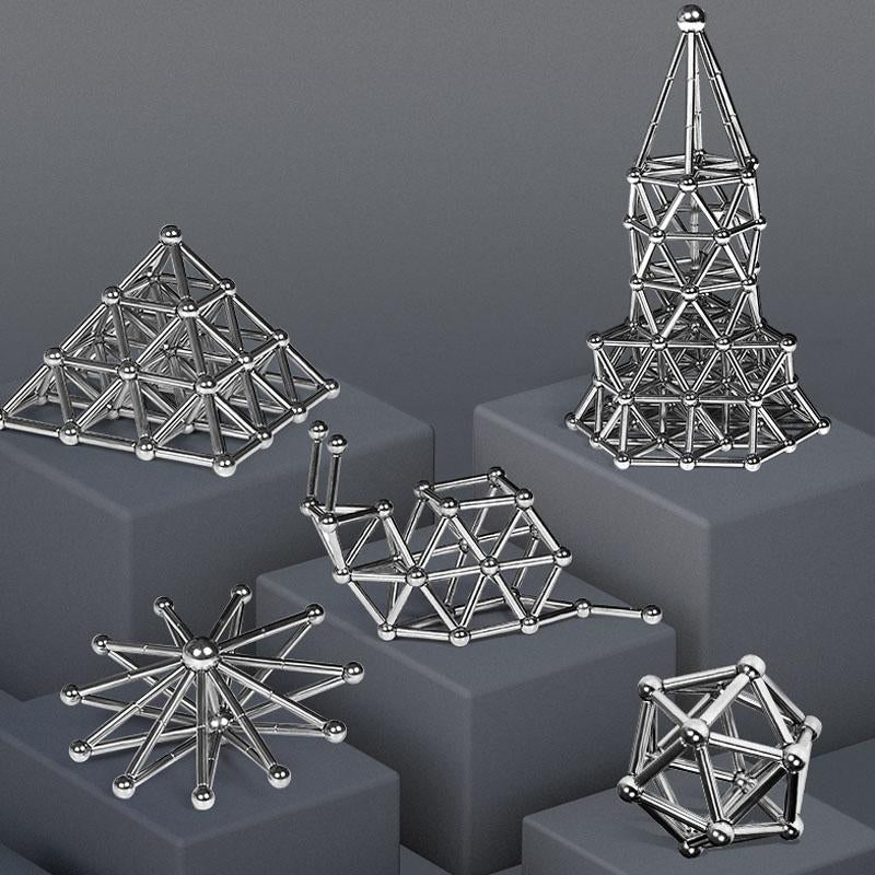 "Silberne magnetische Kugeln und Stäbe Set für kreatives Design und Stressabbau, ideal zur Förderung von Konzentration."