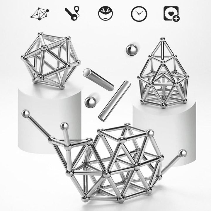 "Silberne magnetische Kugeln und Stäbe Set für kreatives Design und Stressabbau, ideal zur Förderung von Konzentration."