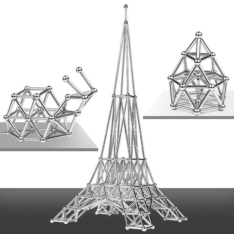 "Silberne magnetische Kugeln und Stäbe Set für kreatives Design und Stressabbau, ideal zur Förderung von Konzentration."
