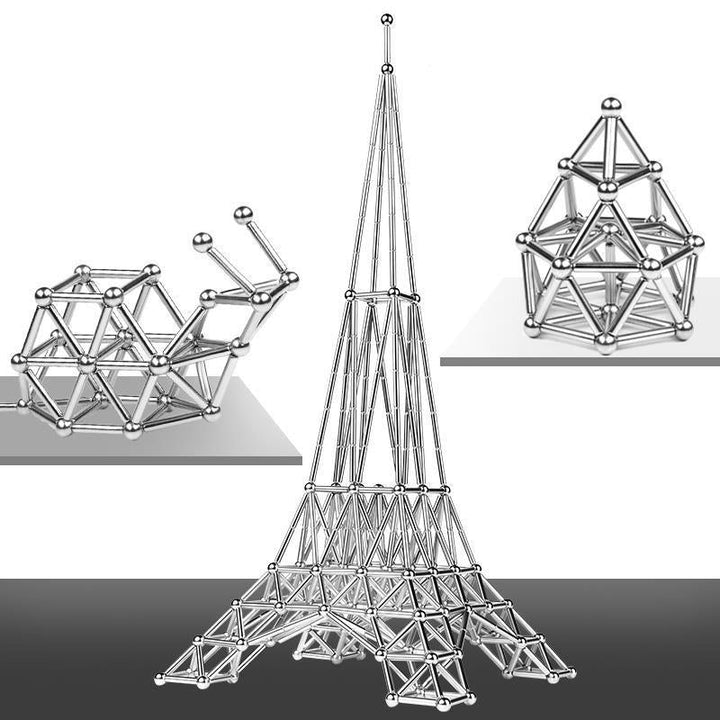 "Silberne magnetische Kugeln und Stäbe Set für kreatives Design und Stressabbau, ideal zur Förderung von Konzentration."