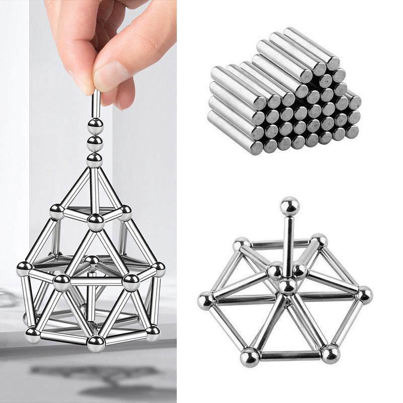 "Silberne magnetische Kugeln und Stäbe Set für kreatives Design und Stressabbau, ideal zur Förderung von Konzentration."