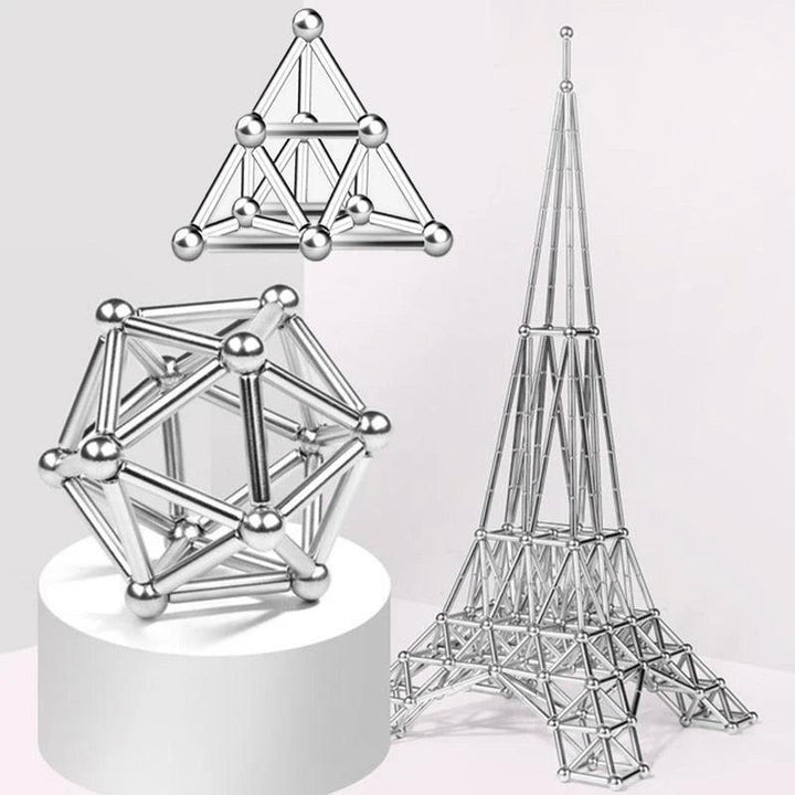 "Silberne magnetische Kugeln und Stäbe Set für kreatives Design und Stressabbau, ideal zur Förderung von Konzentration."