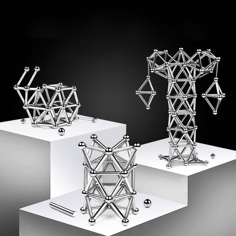 "Silberne magnetische Kugeln und Stäbe Set für kreatives Design und Stressabbau, ideal zur Förderung von Konzentration."