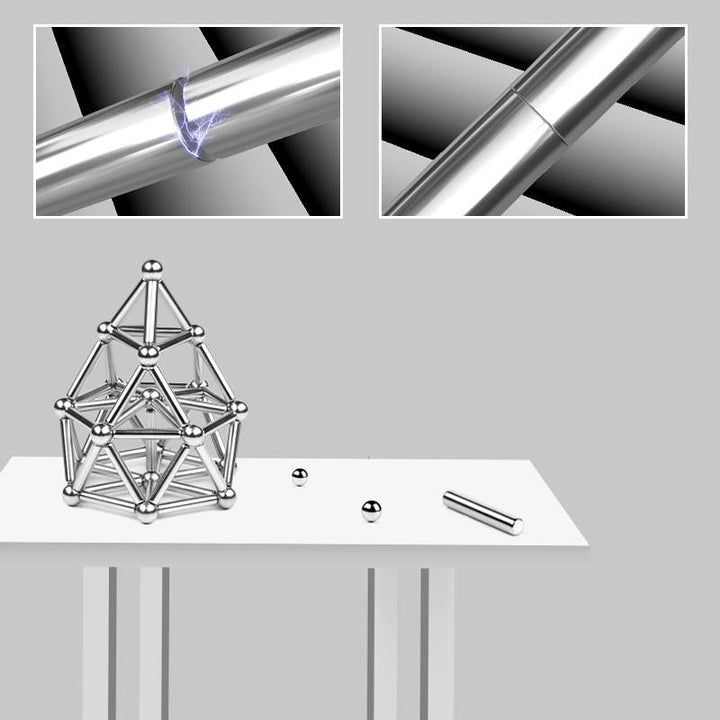 "Silberne magnetische Kugeln und Stäbe Set für kreatives Design und Stressabbau, ideal zur Förderung von Konzentration."
