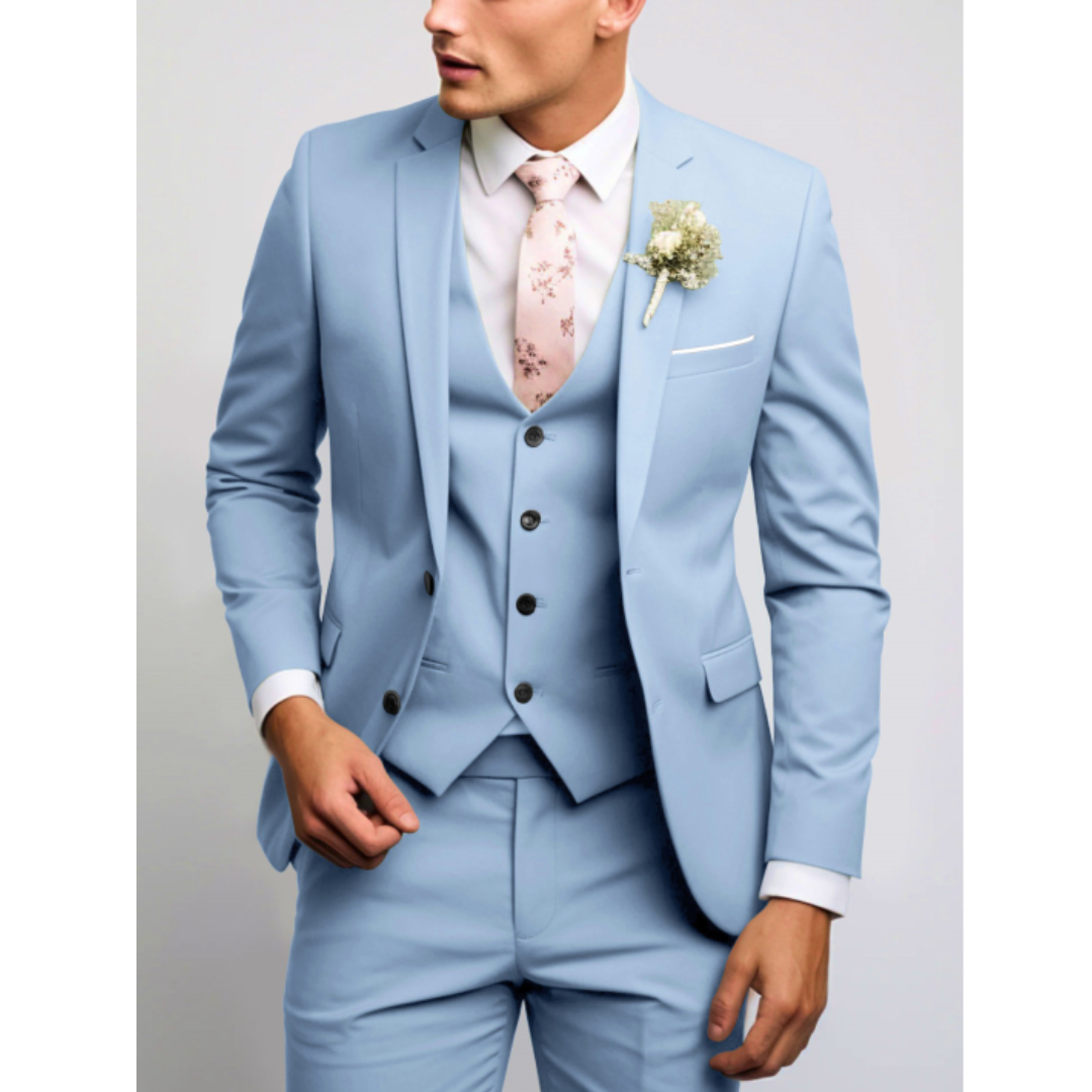 "Slim Fit Herren Anzug, 3-teilig, modern geschnitten, grau, ideal für Hochzeitsgäste und formelle Anlässe."