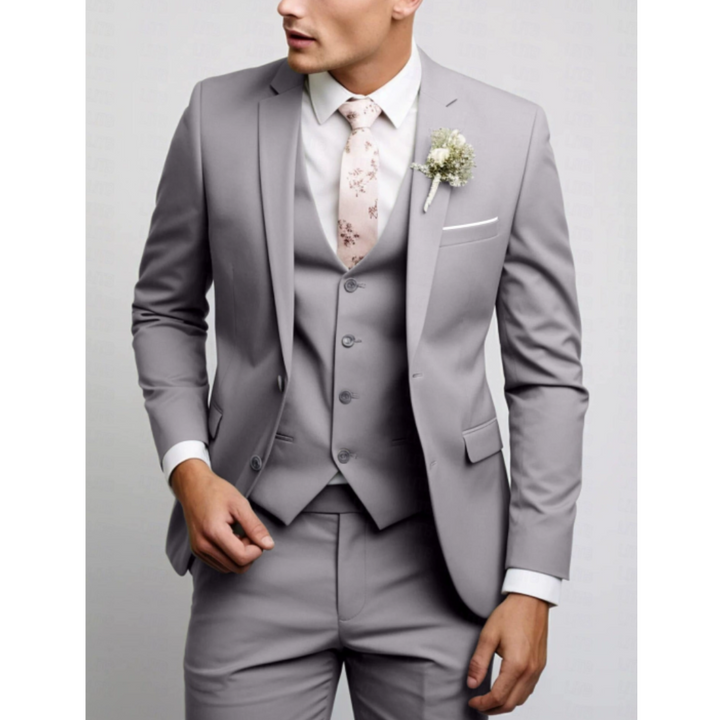 "Slim Fit Herren Anzug, 3-teilig, modern geschnitten, grau, ideal für Hochzeitsgäste und formelle Anlässe."