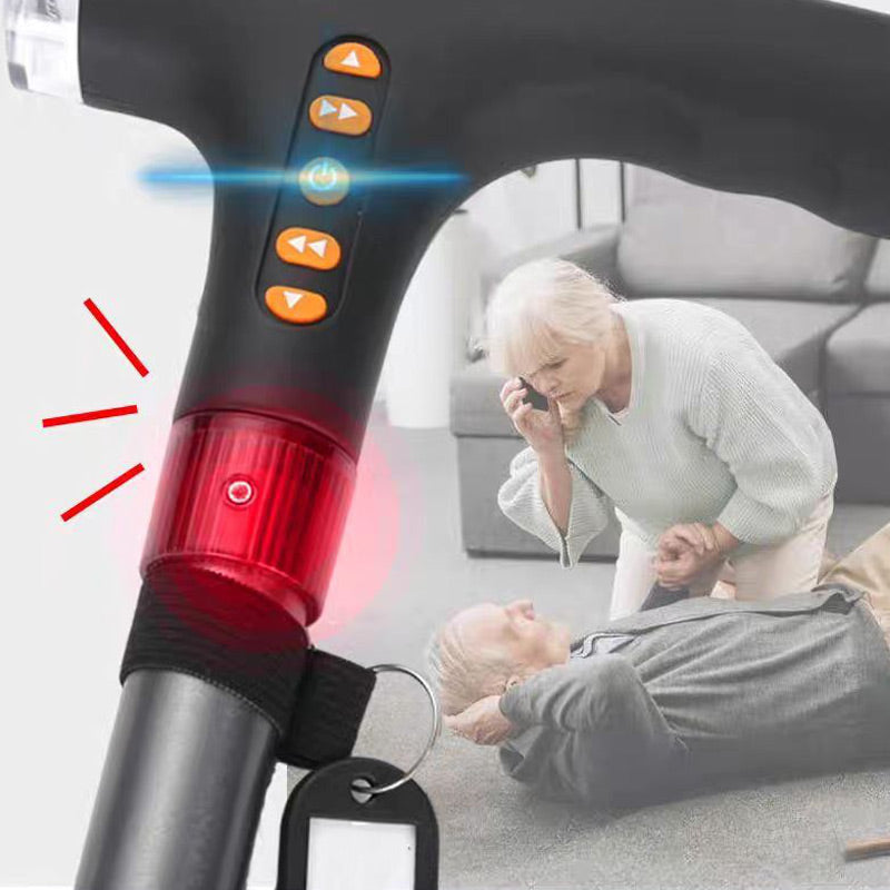 "Smart Gehstock für Senioren mit LED-Licht und Radiofunktion, verstellbar, schwarz, aus Aluminium, komfortabel und sicher."