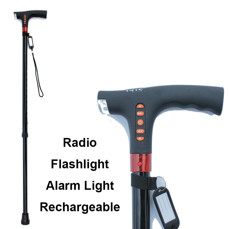 "Smart Gehstock für Senioren mit LED-Licht und Radiofunktion, verstellbar, schwarz, aus Aluminium, komfortabel und sicher."