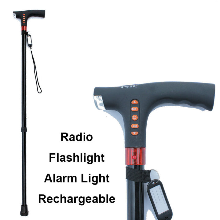 "Smart Gehstock für Senioren mit LED-Licht und Radiofunktion, verstellbar, schwarz, aus Aluminium, komfortabel und sicher."