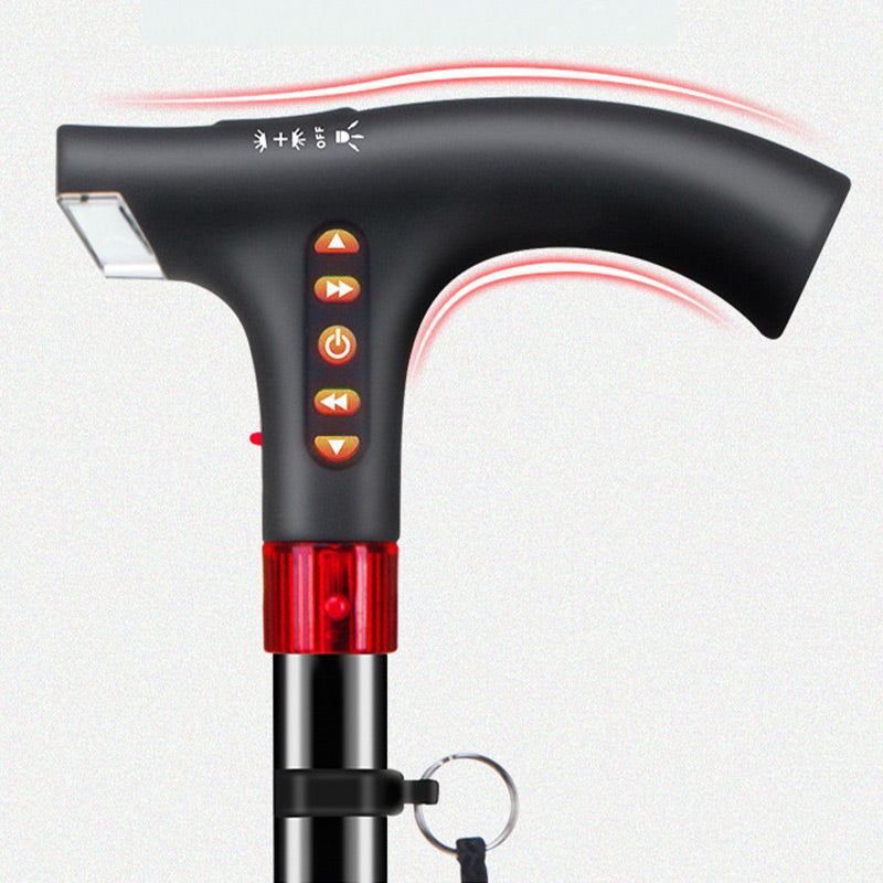 "Smart Gehstock für Senioren mit LED-Licht und Radiofunktion, verstellbar, schwarz, aus Aluminium, komfortabel und sicher."