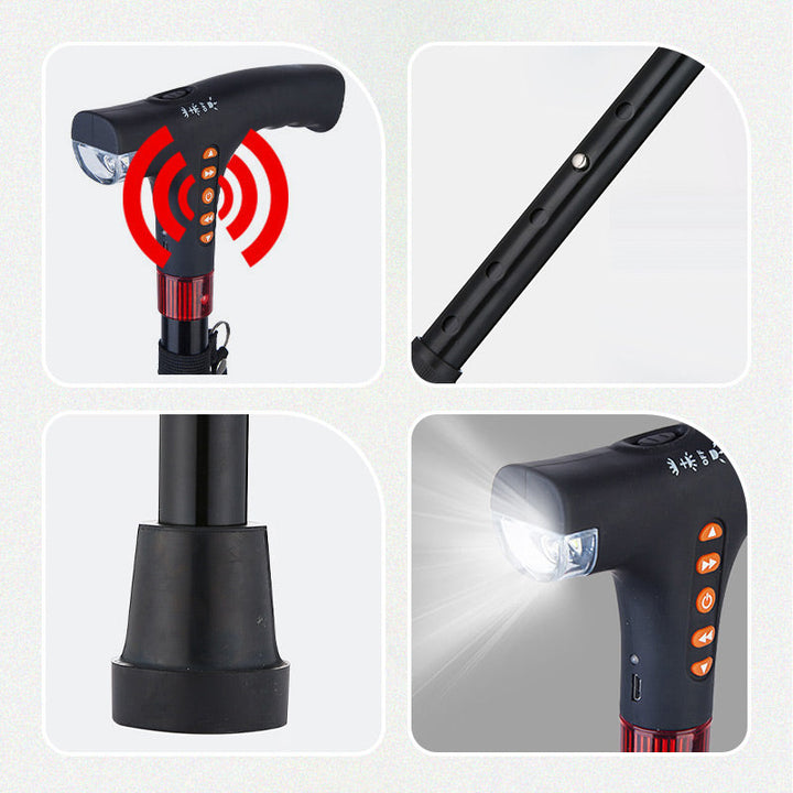 "Smart Gehstock für Senioren mit LED-Licht und Radiofunktion, verstellbar, schwarz, aus Aluminium, komfortabel und sicher."
