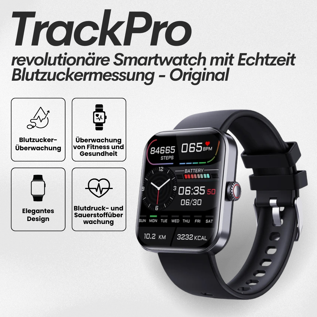 Smartwatch in Schwarz und Rosa, stilvolles Design, Gesundheitsuhr mit Echtzeit-Blutzuckermessung und Fitnessfunktionen.