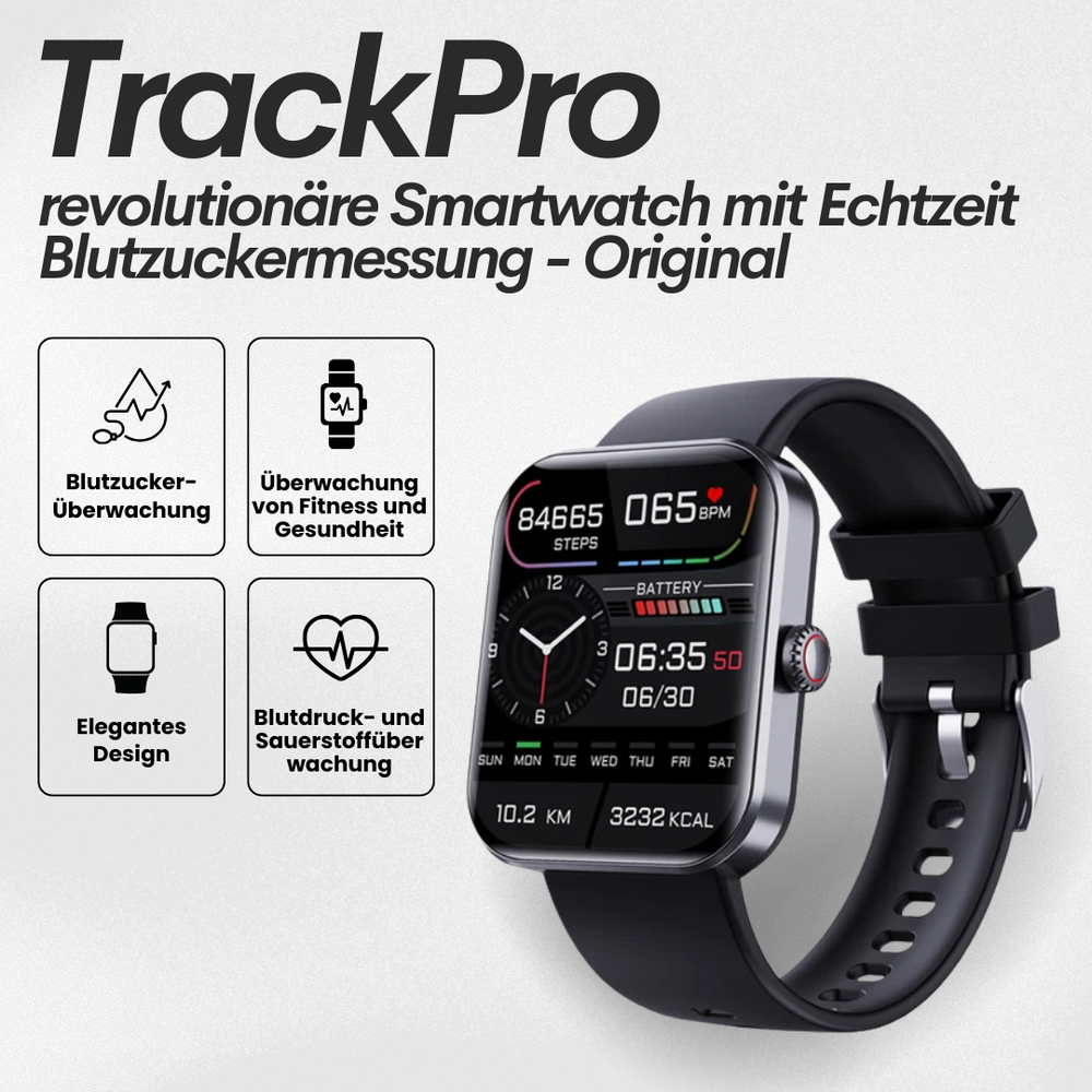 Smartwatch in Schwarz und Rosa, stilvolles Design, Gesundheitsuhr mit Echtzeit-Blutzuckermessung und Fitnessfunktionen.