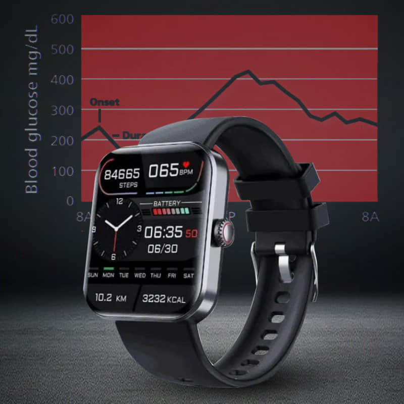 Smartwatch in Schwarz und Rosa, stilvolles Design, Gesundheitsuhr mit Echtzeit-Blutzuckermessung und Fitnessfunktionen.