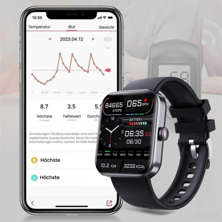 Smartwatch in Schwarz und Rosa, stilvolles Design, Gesundheitsuhr mit Echtzeit-Blutzuckermessung und Fitnessfunktionen.