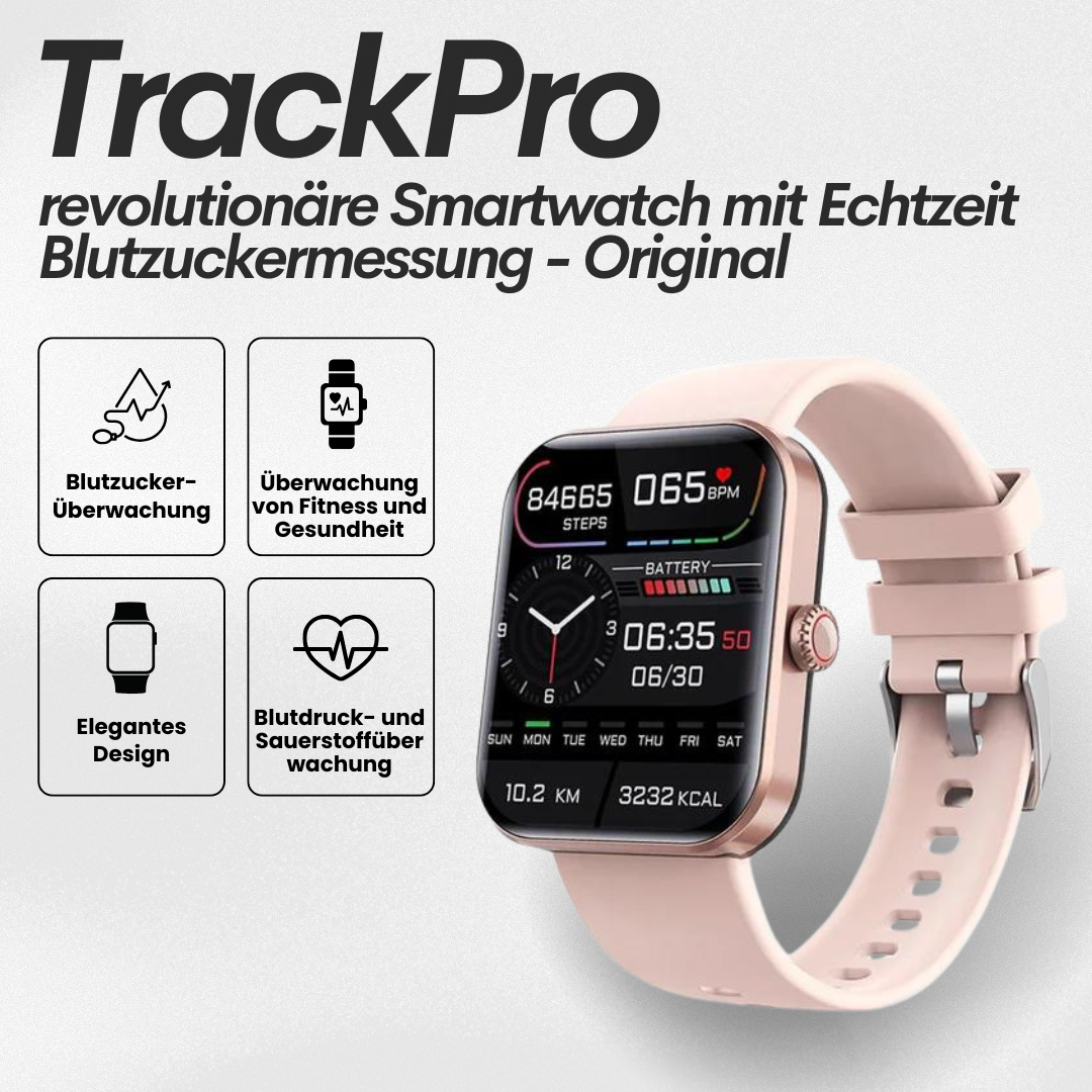 Smartwatch in Schwarz und Rosa, stilvolles Design, Gesundheitsuhr mit Echtzeit-Blutzuckermessung und Fitnessfunktionen.