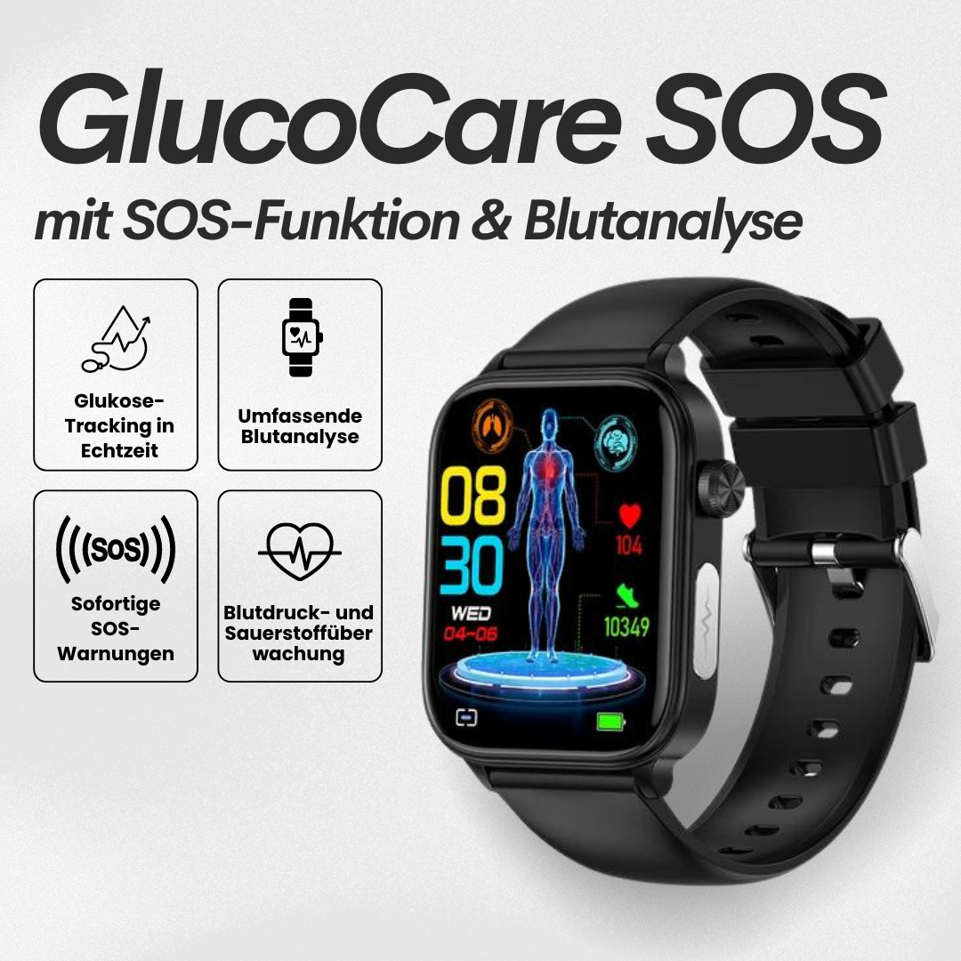 "Smartwatch mit Blutzuckermessung, schwarz, rundes Zifferblatt, silikonartig, elegante Gesundheitsüberwachung, SOS-Funktion."