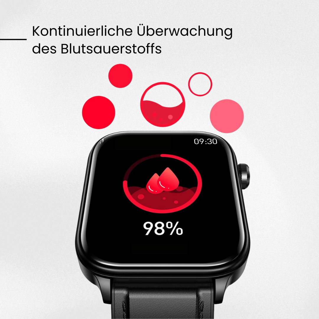 "Smartwatch mit Blutzuckermessung, schwarz, rundes Zifferblatt, silikonartig, elegante Gesundheitsüberwachung, SOS-Funktion."