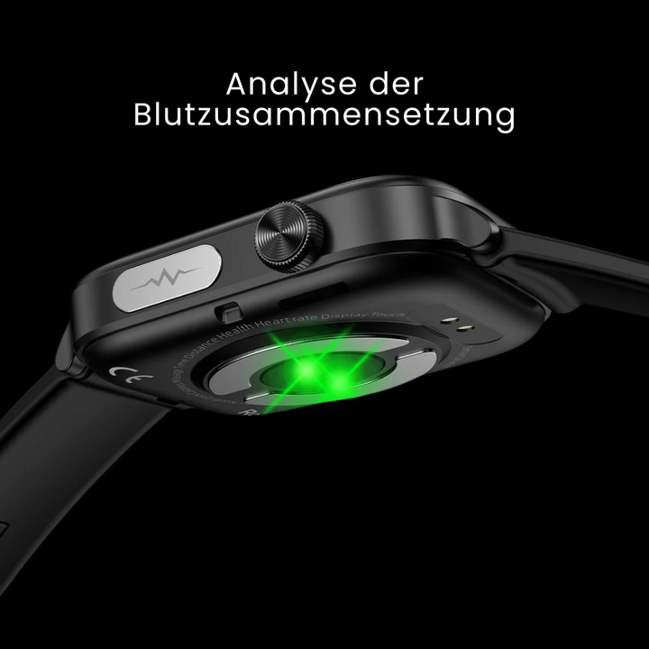 "Smartwatch mit Blutzuckermessung, schwarz, rundes Zifferblatt, silikonartig, elegante Gesundheitsüberwachung, SOS-Funktion."