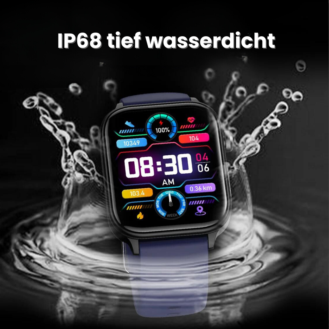 "Smartwatch mit Blutzuckermessung, schwarz, rundes Zifferblatt, silikonartig, elegante Gesundheitsüberwachung, SOS-Funktion."