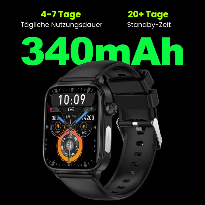 "Smartwatch mit Blutzuckermessung, schwarz, rundes Zifferblatt, silikonartig, elegante Gesundheitsüberwachung, SOS-Funktion."