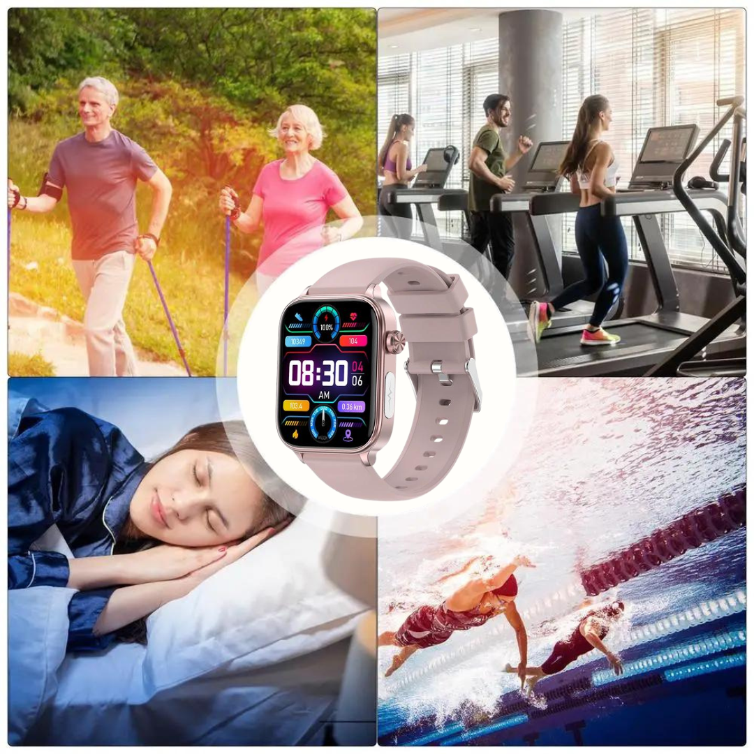 "Smartwatch mit Blutzuckermessung, schwarz, rundes Zifferblatt, silikonartig, elegante Gesundheitsüberwachung, SOS-Funktion."