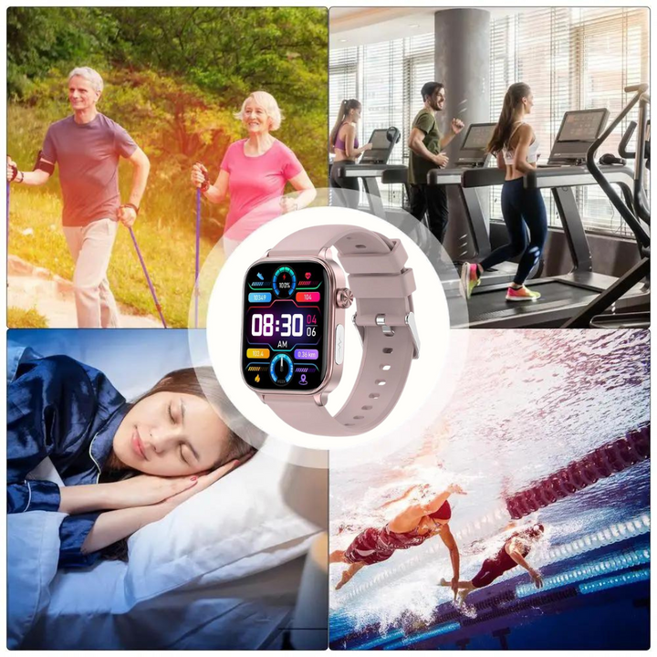 "Smartwatch mit Blutzuckermessung, schwarz, rundes Zifferblatt, silikonartig, elegante Gesundheitsüberwachung, SOS-Funktion."