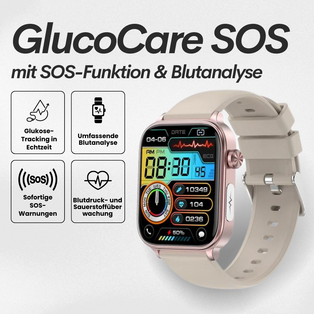 "Smartwatch mit Blutzuckermessung, schwarz, rundes Zifferblatt, silikonartig, elegante Gesundheitsüberwachung, SOS-Funktion."