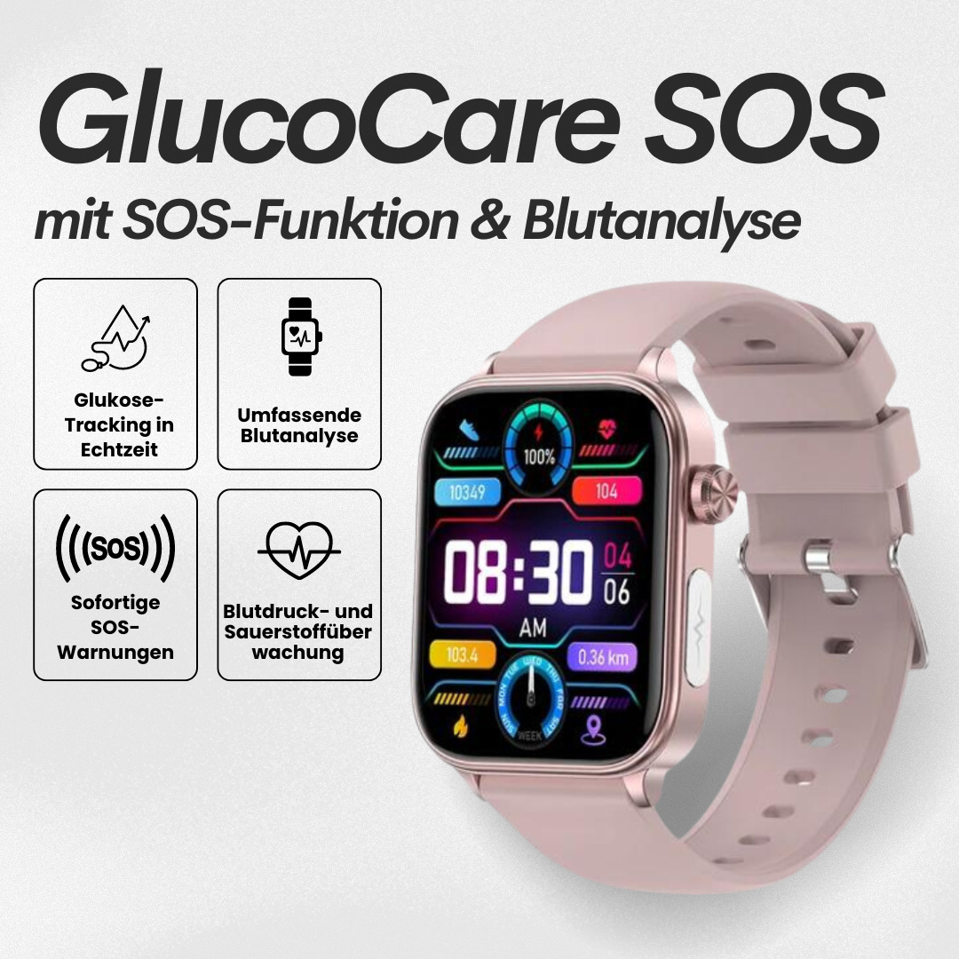 "Smartwatch mit Blutzuckermessung, schwarz, rundes Zifferblatt, silikonartig, elegante Gesundheitsüberwachung, SOS-Funktion."