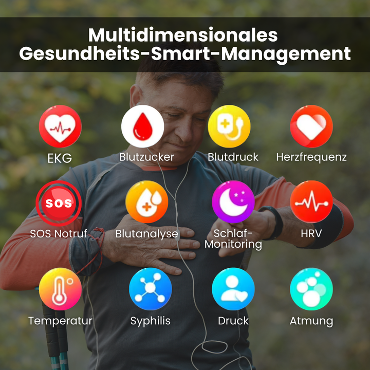 "Smartwatch mit Blutzuckermessung, schwarz, rundes Zifferblatt, silikonartig, elegante Gesundheitsüberwachung, SOS-Funktion."