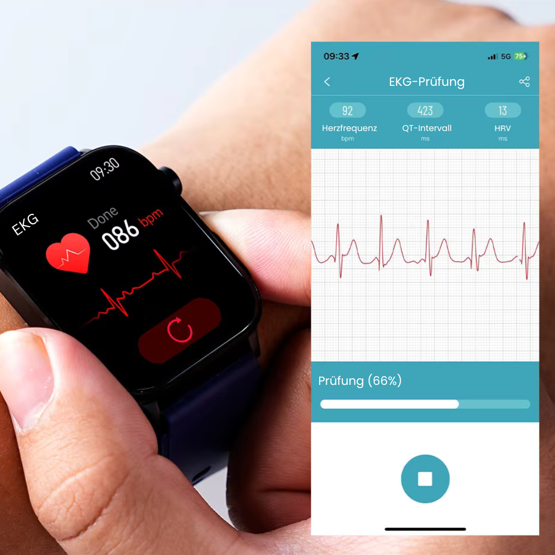 "Smartwatch mit Blutzuckermessung, schwarz, rundes Zifferblatt, silikonartig, elegante Gesundheitsüberwachung, SOS-Funktion."