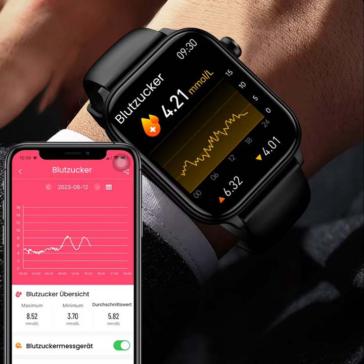 "Smartwatch mit Blutzuckermessung, schwarz, rundes Zifferblatt, silikonartig, elegante Gesundheitsüberwachung, SOS-Funktion."