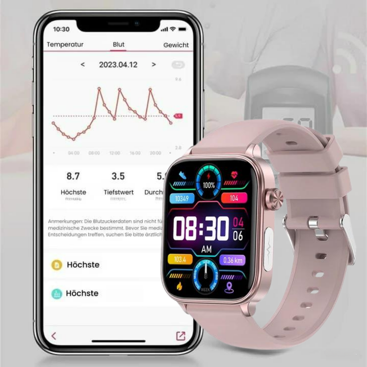 "Smartwatch mit Blutzuckermessung, schwarz, rundes Zifferblatt, silikonartig, elegante Gesundheitsüberwachung, SOS-Funktion."