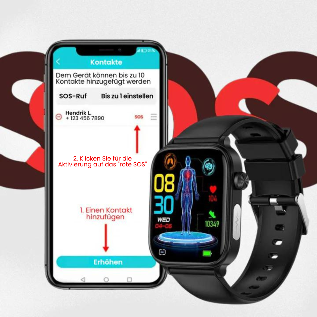 "Smartwatch mit Blutzuckermessung, schwarz, rundes Zifferblatt, silikonartig, elegante Gesundheitsüberwachung, SOS-Funktion."