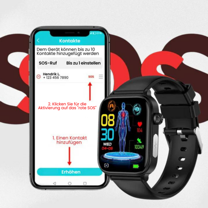 "Smartwatch mit Blutzuckermessung, schwarz, rundes Zifferblatt, silikonartig, elegante Gesundheitsüberwachung, SOS-Funktion."