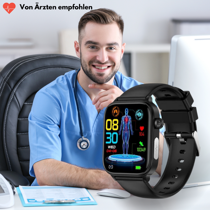 "Smartwatch mit Blutzuckermessung, schwarz, rundes Zifferblatt, silikonartig, elegante Gesundheitsüberwachung, SOS-Funktion."