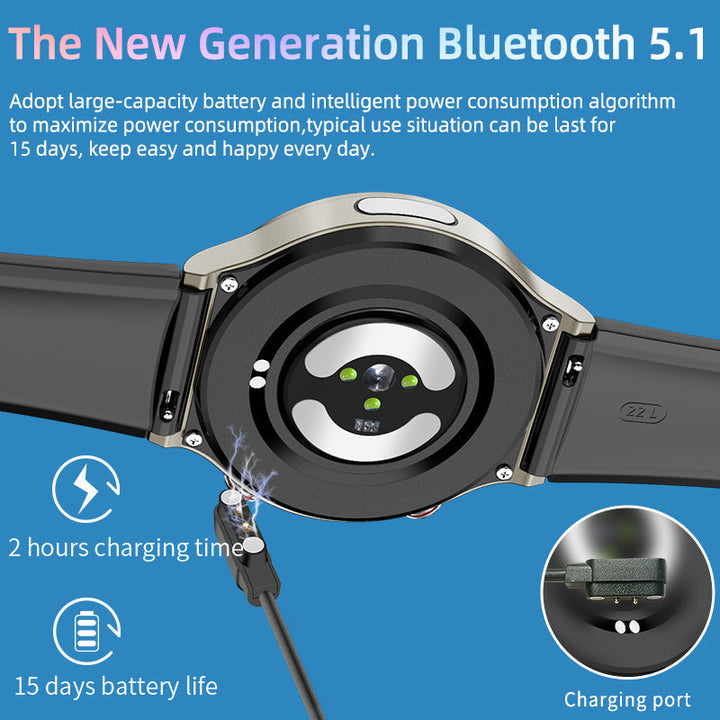 "Smartwatch mit EKG-Funktion, Herzfrequenz- und Blutsauerstoffmessung, elegantes Design, großer HD-Farbbildschirm."