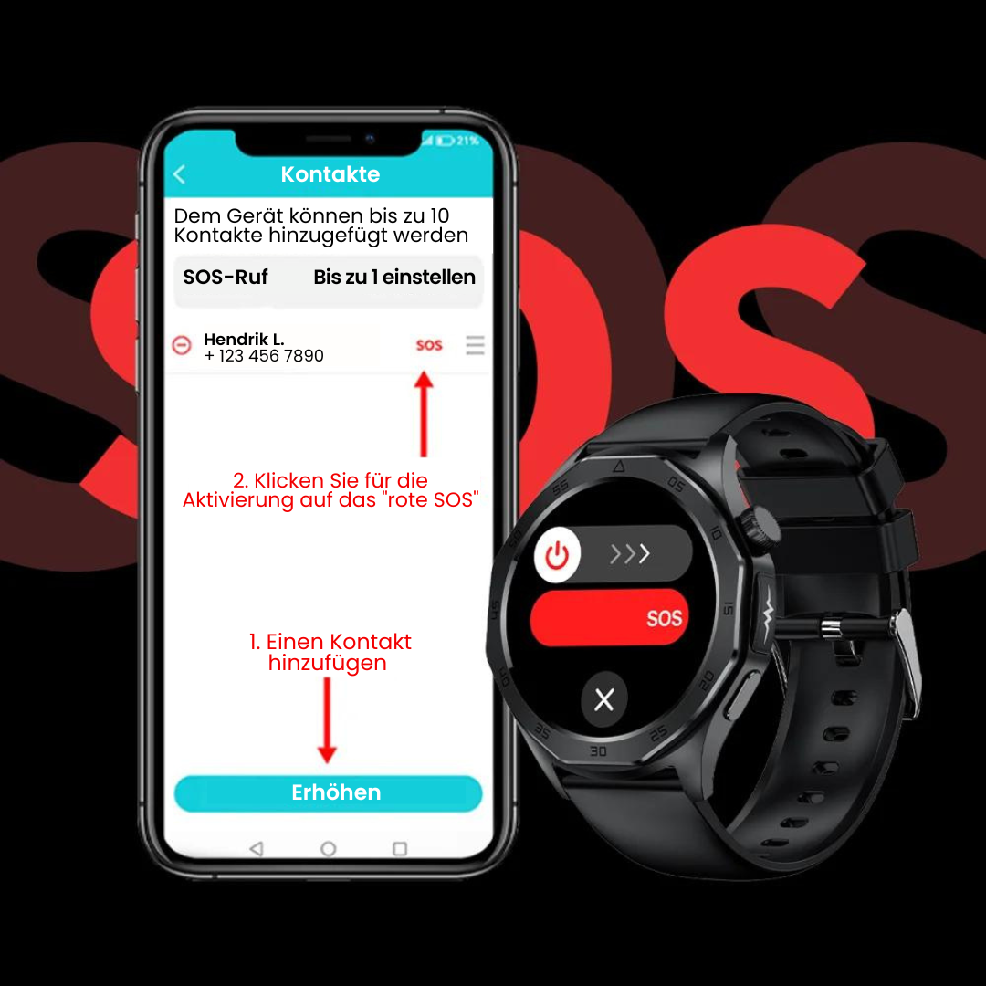 "Smartwatch mit SOS-Funktion, Blutzuckermessung und Sturzsensor, elegantes Design, wasserdicht, ideal für Gesundheitsüberwach