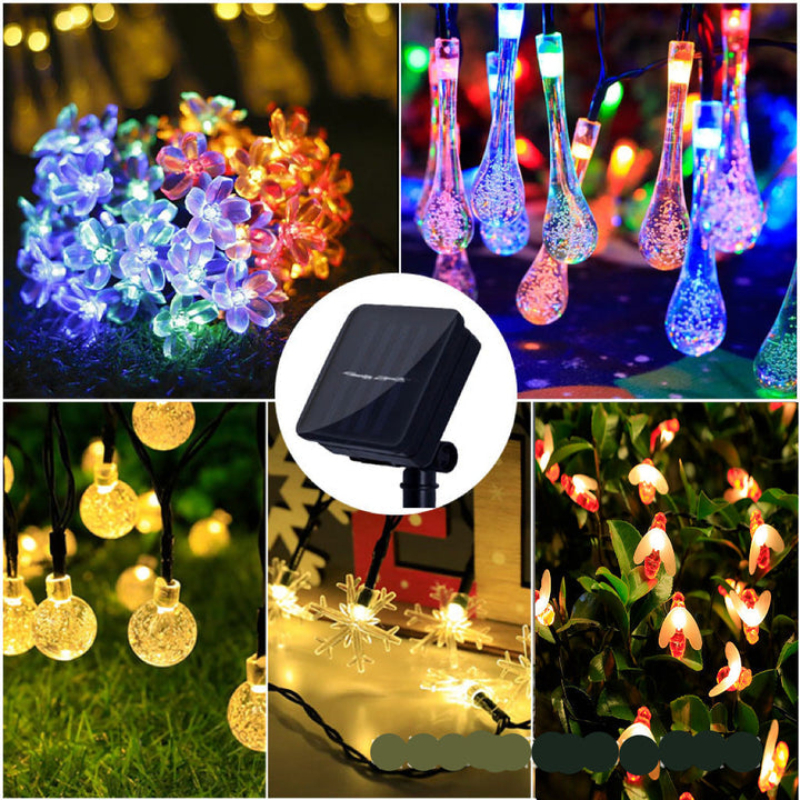 "Solar Gartenlichterkette in Blumenform, wetterfest, elegantes Ambiente, ideal für Gartenpartys und Outdoor-Nutzung."