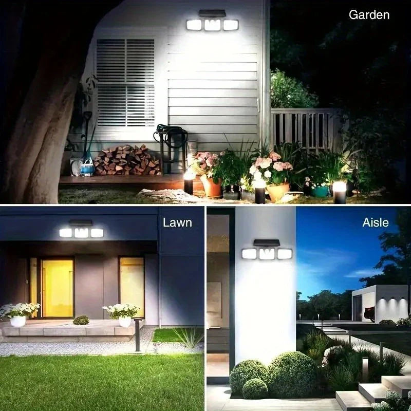 "Solar-LED Flutlicht mit 3 Strahlern und Bewegungsmelder, ideal für effiziente Außenbeleuchtung, wetterbeständig."