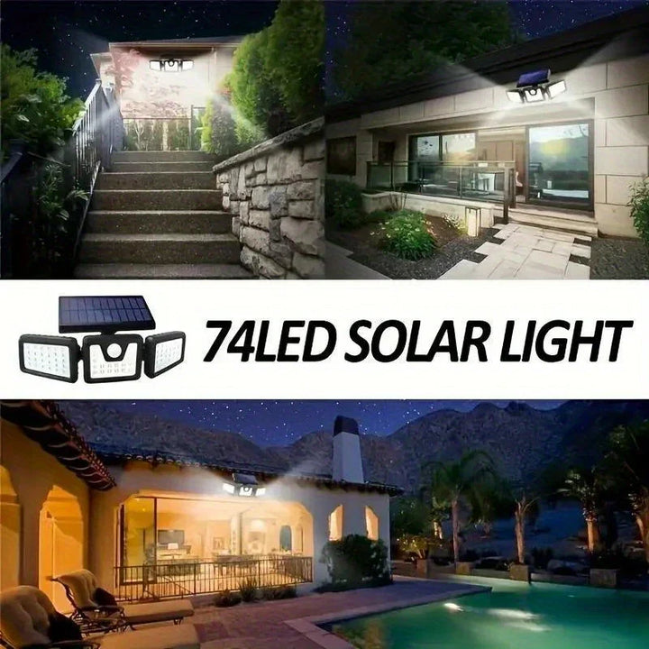"Solar-LED Flutlicht mit 3 Strahlern und Bewegungsmelder, ideal für effiziente Außenbeleuchtung, wetterbeständig."