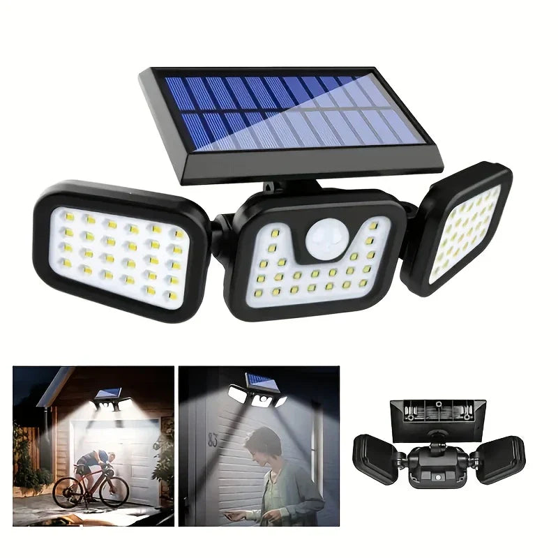 "Solar-LED Flutlicht mit 3 Strahlern und Bewegungsmelder, ideal für effiziente Außenbeleuchtung, wetterbeständig."