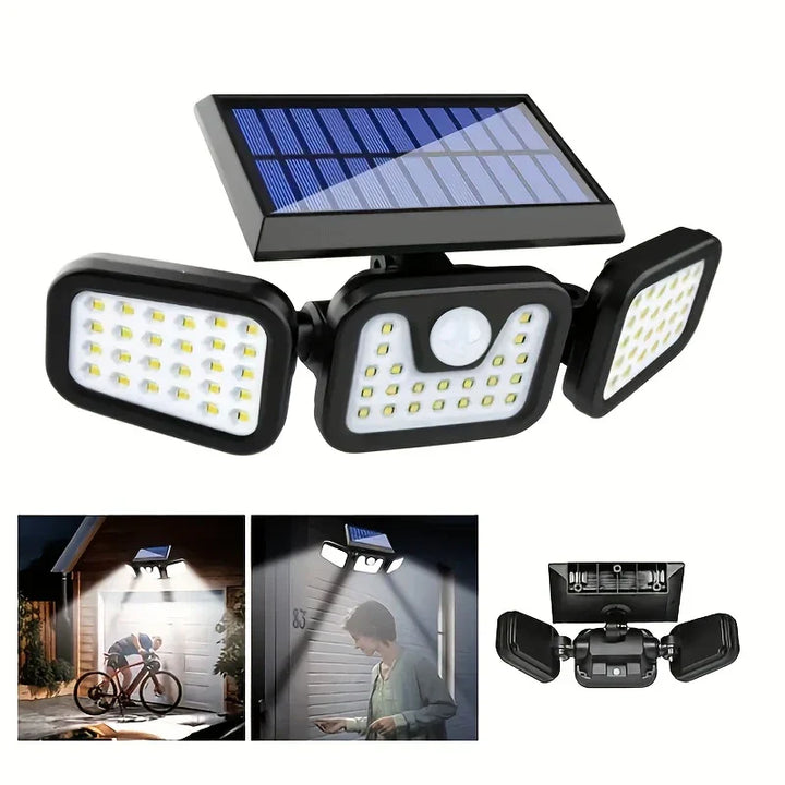 "Solar-LED Flutlicht mit 3 Strahlern und Bewegungsmelder, ideal für effiziente Außenbeleuchtung, wetterbeständig."