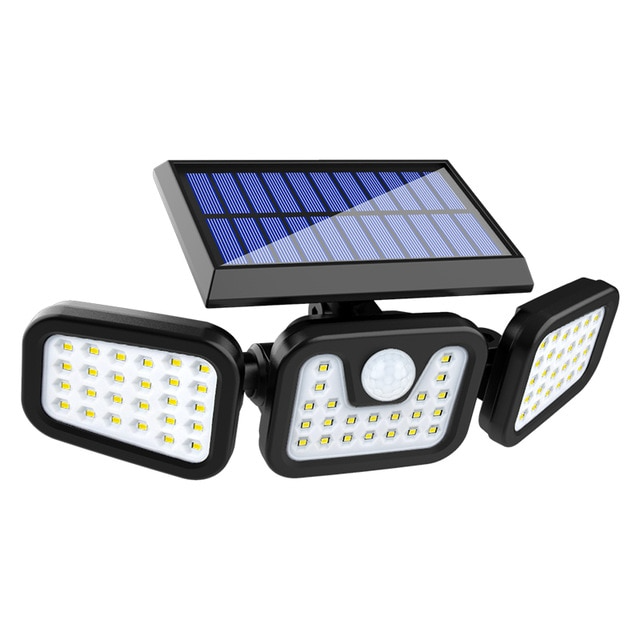 "Solar-LED Flutlicht mit 3 Strahlern und Bewegungsmelder, ideal für effiziente Außenbeleuchtung, wetterbeständig."