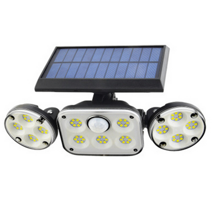 "Solar-LED Flutlicht mit 3 Strahlern und Bewegungsmelder, ideal für effiziente Außenbeleuchtung, wetterbeständig."